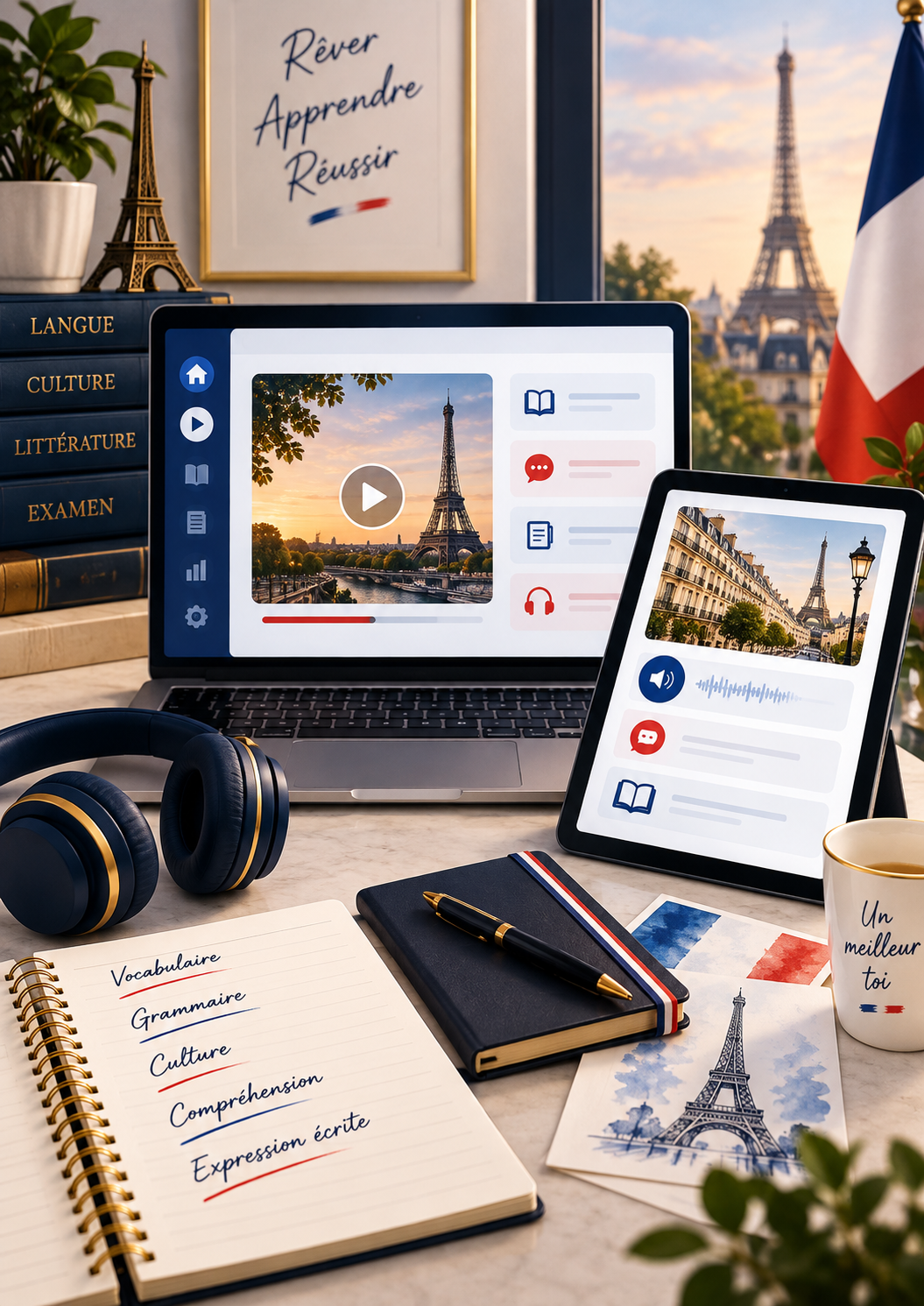 FrenchExam.ie 36-week online course shown on a laptop and tablet