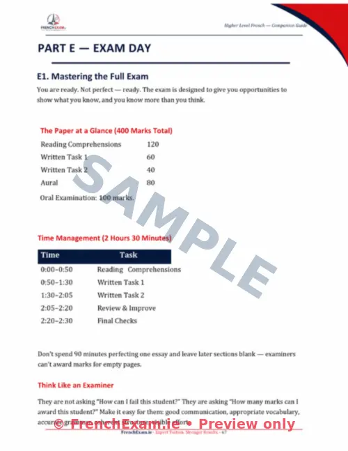 Watermarked preview of the FrenchExam.ie Success Guide exam-day section